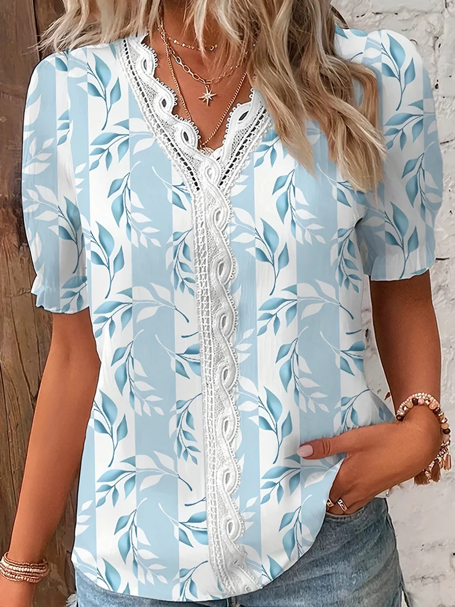 Loose Puff Sleeves Contrast Color Flower Print Hollow Pleated Split-Joint V-Neck Blouses&Shirts Tops - Image 2