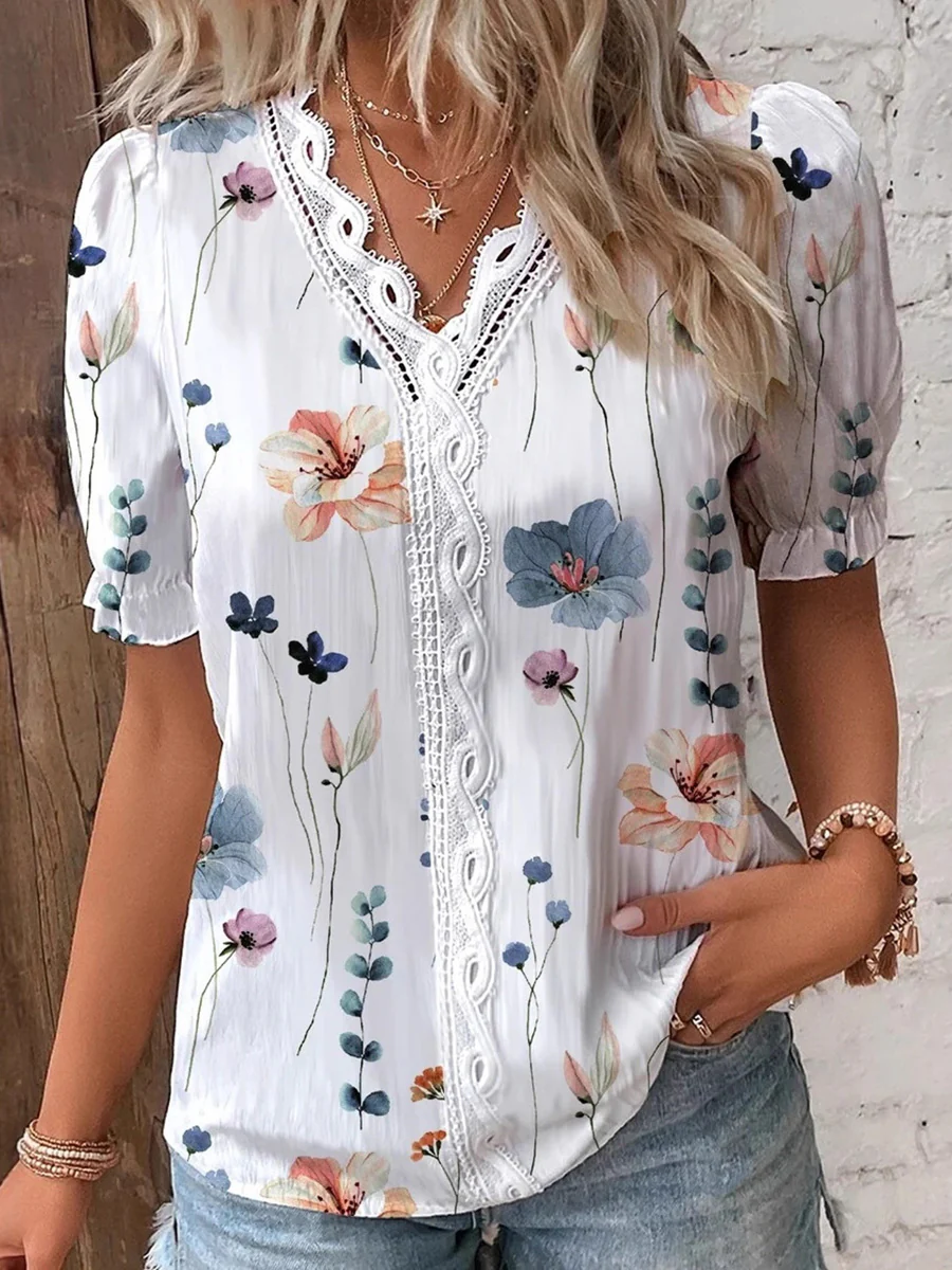Loose Puff Sleeves Contrast Color Flower Print Hollow Pleated Split-Joint V-Neck Blouses&Shirts Tops