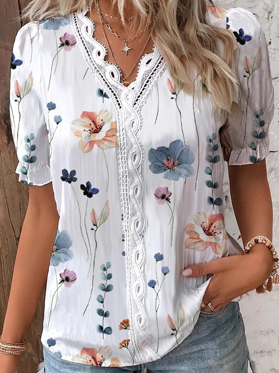 Loose Puff Sleeves Contrast Color Flower Print Hollow Pleated Split-Joint V-Neck Blouses&Shirts Tops - Image 2