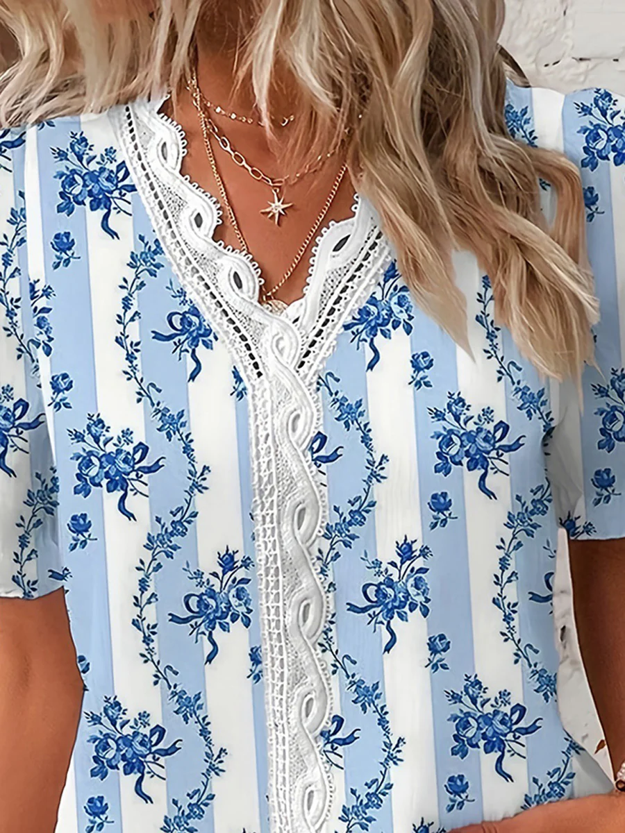 Loose Puff Sleeves Contrast Color Flower Print Hollow Pleated Split-Joint V-Neck Blouses&Shirts Tops - Image 2