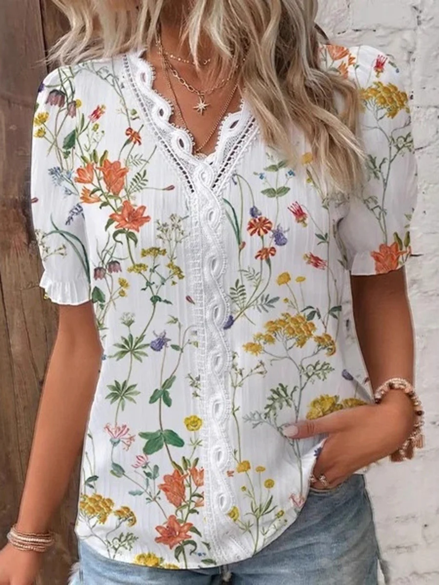 Loose Puff Sleeves Contrast Color Flower Print Hollow Pleated Split-Joint V-Neck Blouses&Shirts Tops