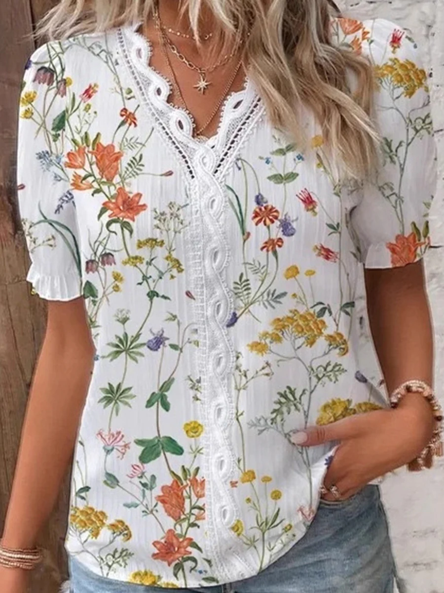 Loose Puff Sleeves Contrast Color Flower Print Hollow Pleated Split-Joint V-Neck Blouses&Shirts Tops - Image 2