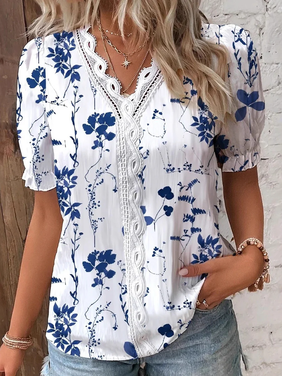 Loose Puff Sleeves Contrast Color Flower Print Hollow Pleated Split-Joint V-Neck Blouses&Shirts Tops