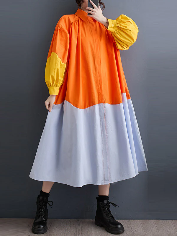Loose Puff Sleeves Contrast Color Pleated Split-Joint Lapel Midi Dresses Shirt Dress - Image 2