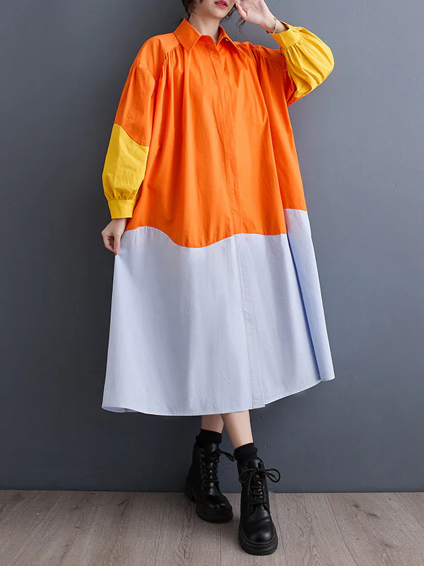 Loose Puff Sleeves Contrast Color Pleated Split-Joint Lapel Midi Dresses Shirt Dress - Image 3