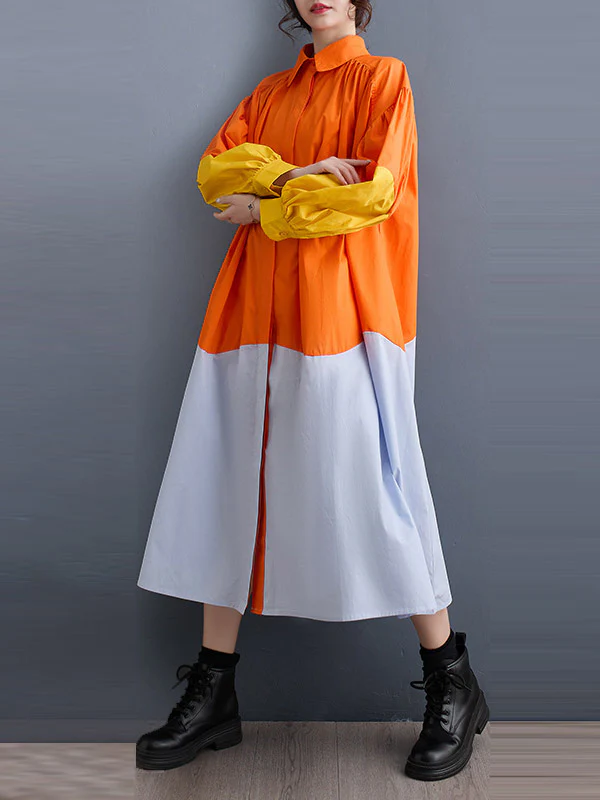 Loose Puff Sleeves Contrast Color Pleated Split-Joint Lapel Midi Dresses Shirt Dress - Image 4