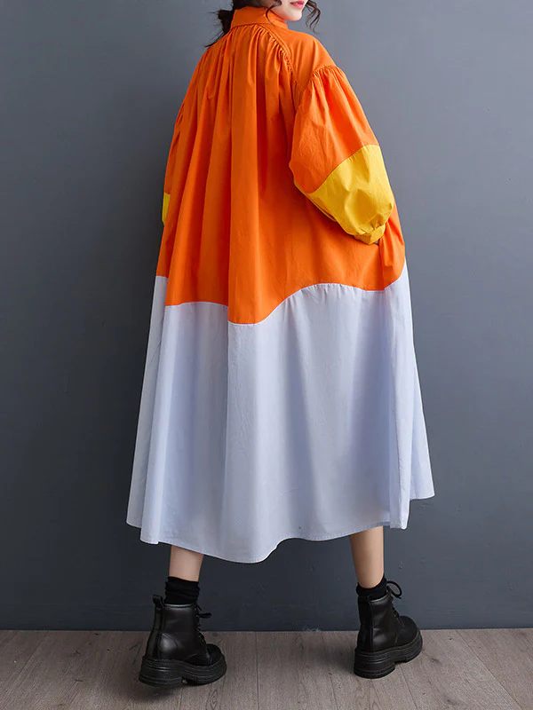 Loose Puff Sleeves Contrast Color Pleated Split-Joint Lapel Midi Dresses Shirt Dress - Image 5