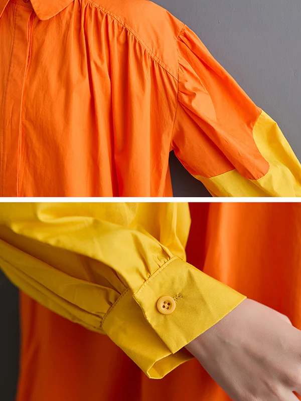 Loose Puff Sleeves Contrast Color Pleated Split-Joint Lapel Midi Dresses Shirt Dress - Image 7