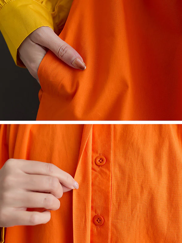 Loose Puff Sleeves Contrast Color Pleated Split-Joint Lapel Midi Dresses Shirt Dress - Image 8