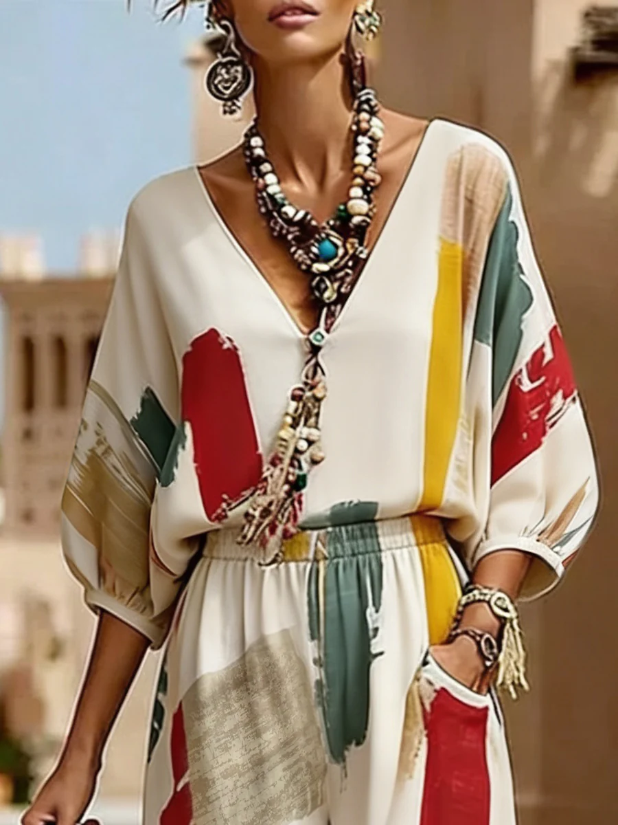 Loose Puff Sleeves Contrast Color Pleated V-Neck Blouses&Shirts Tops - Image 3
