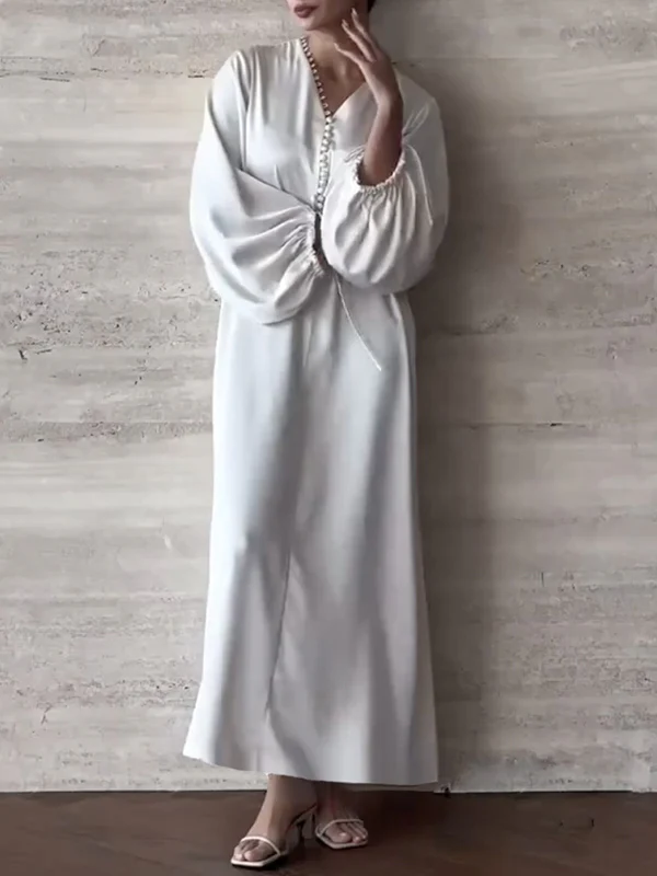 Loose Puff Sleeves Drawstring Solid Color Split-Joint V-Neck Maxi Dresses Shirt Dress - Image 2