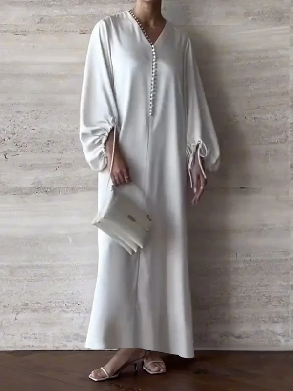 Loose Puff Sleeves Drawstring Solid Color Split-Joint V-Neck Maxi Dresses Shirt Dress - Image 3