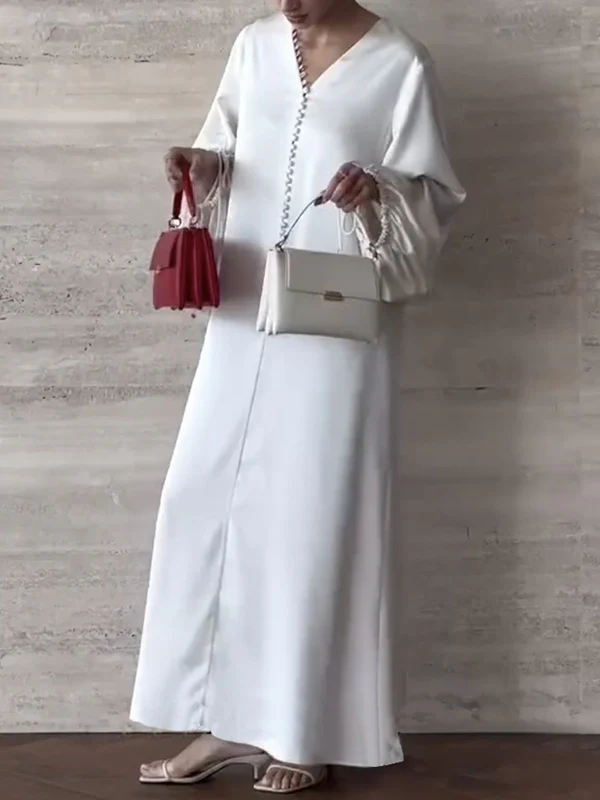 Loose Puff Sleeves Drawstring Solid Color Split-Joint V-Neck Maxi Dresses Shirt Dress - Image 4