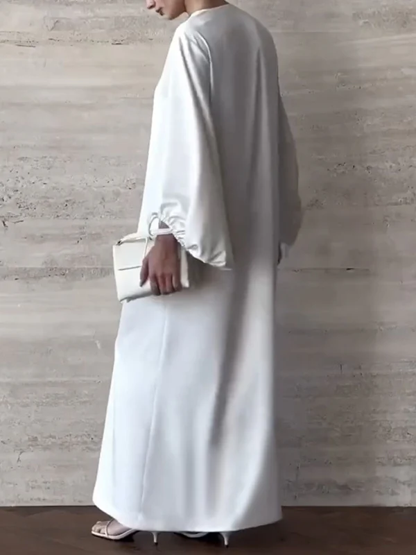 Loose Puff Sleeves Drawstring Solid Color Split-Joint V-Neck Maxi Dresses Shirt Dress - Image 5