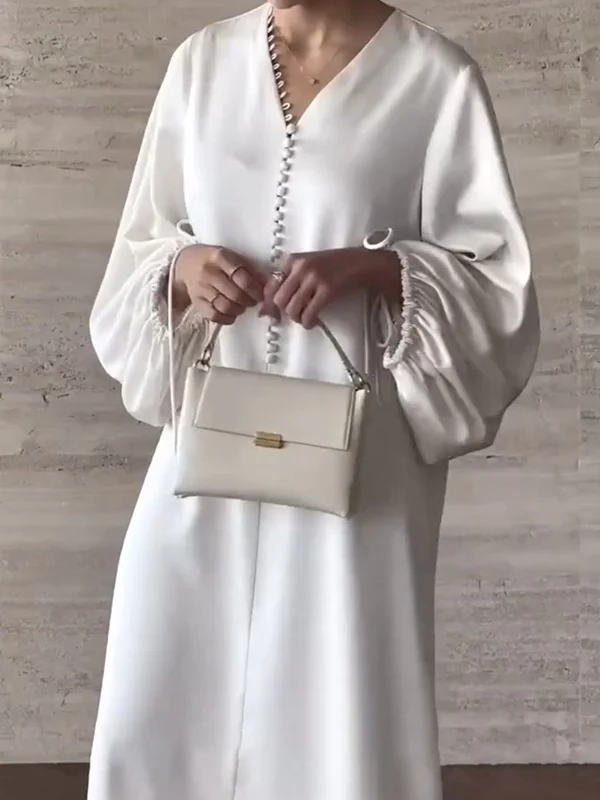 Loose Puff Sleeves Drawstring Solid Color Split-Joint V-Neck Maxi Dresses Shirt Dress - Image 6