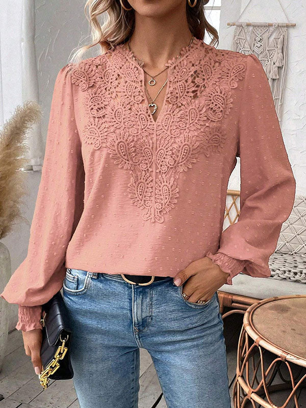 Loose Puff Sleeves Elasticity Hollow Jacquard Solid Color Split-Joint V-Neck Blouses&Shirts Tops - Image 10
