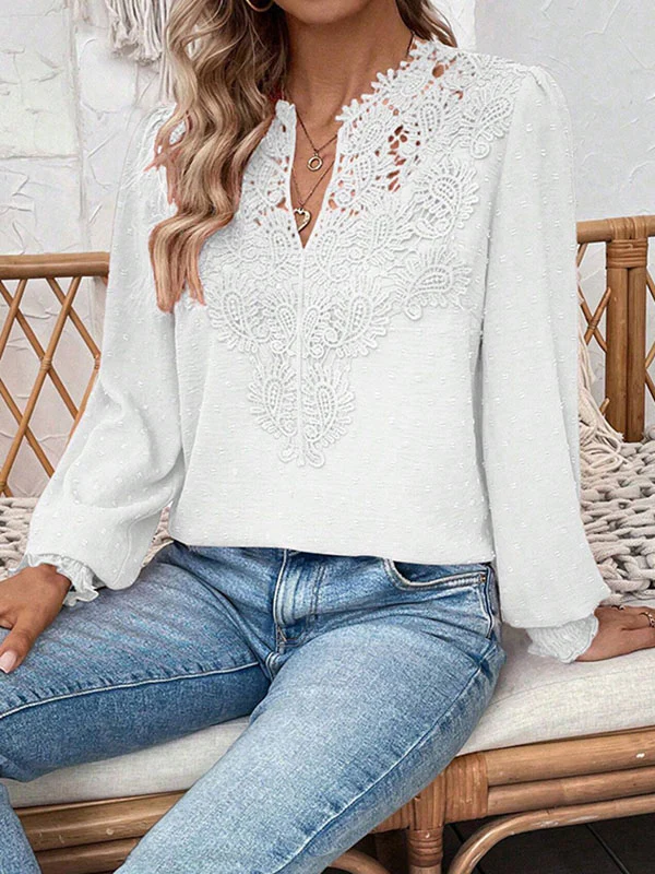 Loose Puff Sleeves Elasticity Hollow Jacquard Solid Color Split-Joint V-Neck Blouses&Shirts Tops - Image 12