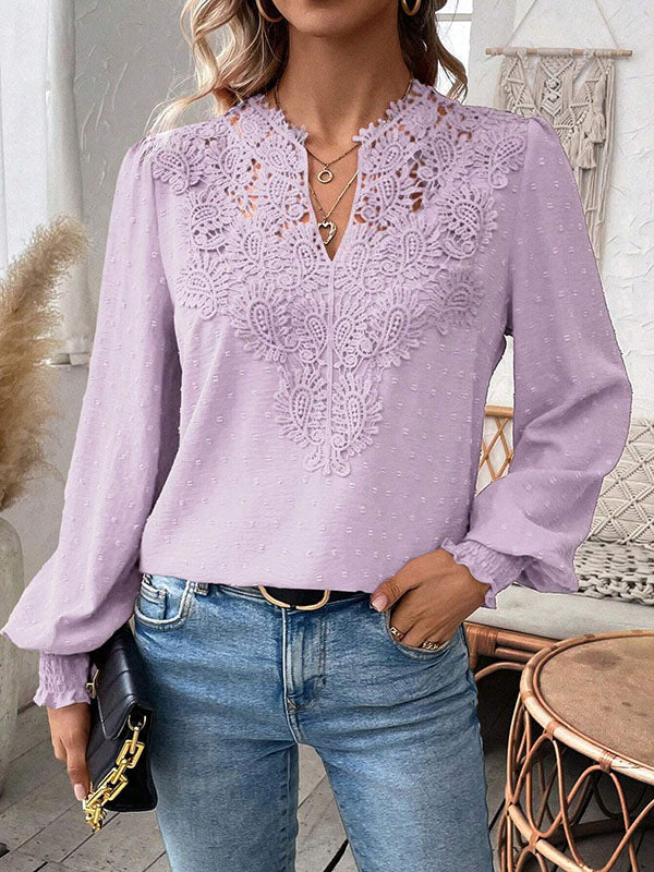 Loose Puff Sleeves Elasticity Hollow Jacquard Solid Color Split-Joint V-Neck Blouses&Shirts Tops - Image 2