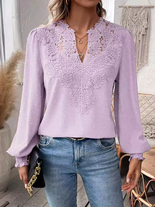 Loose Puff Sleeves Elasticity Hollow Jacquard Solid Color Split-Joint V-Neck Blouses&Shirts Tops - Image 3