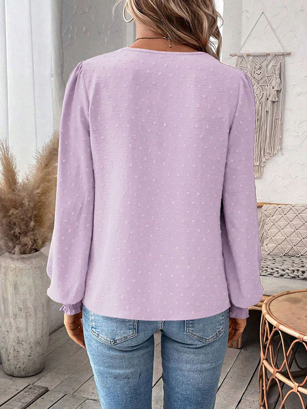 Loose Puff Sleeves Elasticity Hollow Jacquard Solid Color Split-Joint V-Neck Blouses&Shirts Tops - Image 4