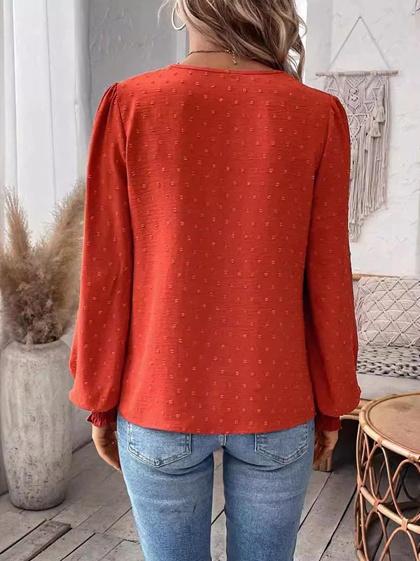 Loose Puff Sleeves Elasticity Hollow Jacquard Solid Color Split-Joint V-Neck Blouses&Shirts Tops - Image 5
