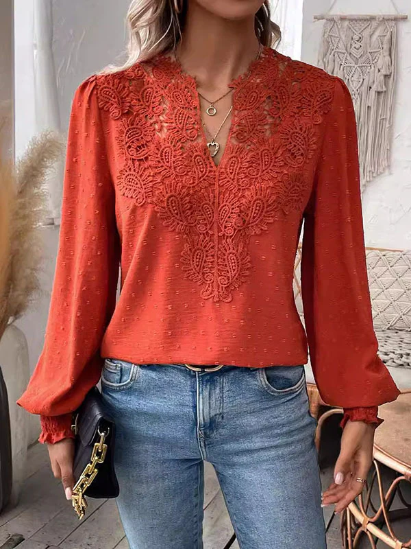 Loose Puff Sleeves Elasticity Hollow Jacquard Solid Color Split-Joint V-Neck Blouses&Shirts Tops - Image 6