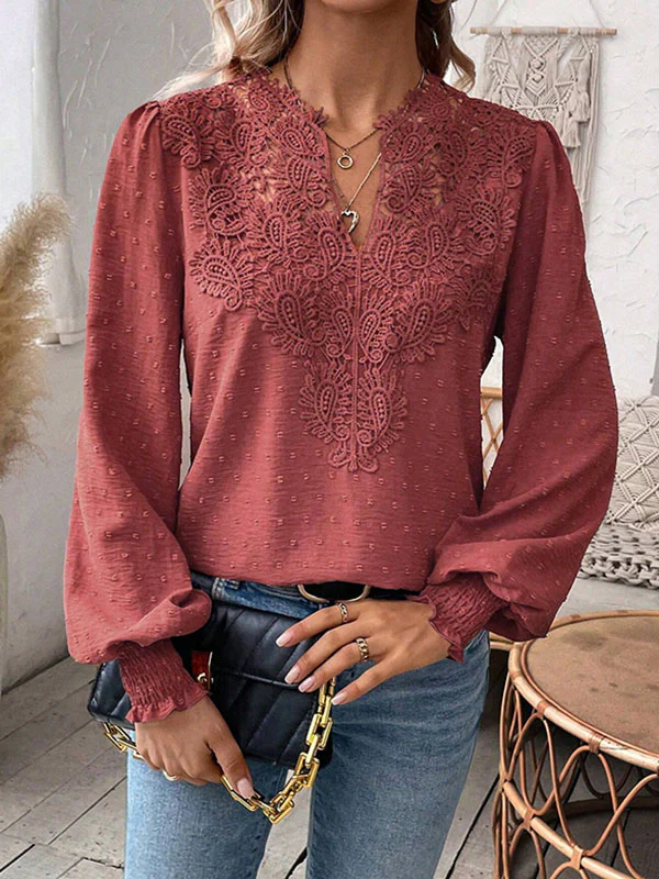 Loose Puff Sleeves Elasticity Hollow Jacquard Solid Color Split-Joint V-Neck Blouses&Shirts Tops - Image 8