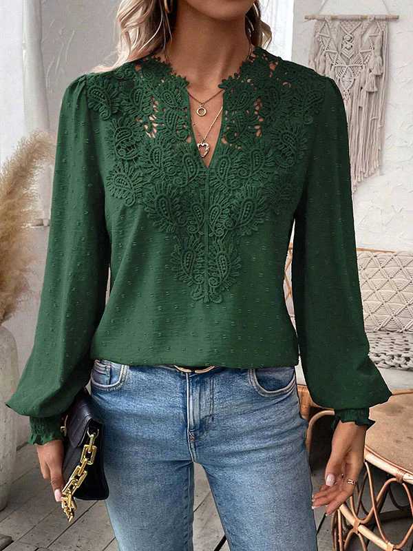 Loose Puff Sleeves Elasticity Hollow Jacquard Solid Color Split-Joint V-Neck Blouses&Shirts Tops - Image 9