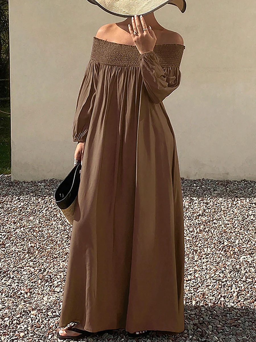 Loose Puff Sleeves Elasticity Pleated Solid Color Off-The-Shoulder Maxi Dresses - Image 12