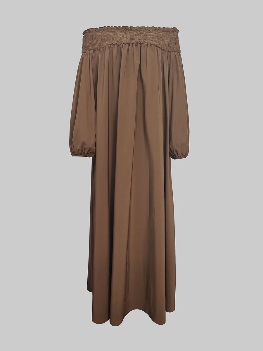 Loose Puff Sleeves Elasticity Pleated Solid Color Off-The-Shoulder Maxi Dresses - Image 2