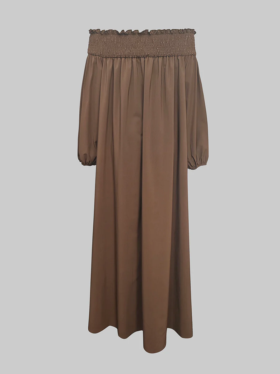 Loose Puff Sleeves Elasticity Pleated Solid Color Off-The-Shoulder Maxi Dresses - Image 3