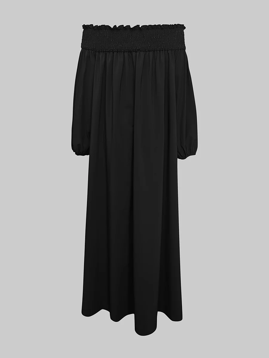 Loose Puff Sleeves Elasticity Pleated Solid Color Off-The-Shoulder Maxi Dresses - Image 8