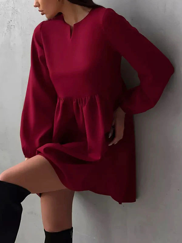 Loose Puff Sleeves Elasticity Pleated Solid Color Split-Joint Round-Neck Mini Dresses - Image 2