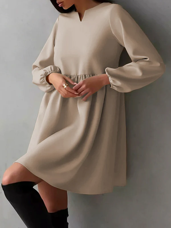 Loose Puff Sleeves Elasticity Pleated Solid Color Split-Joint Round-Neck Mini Dresses - Image 3