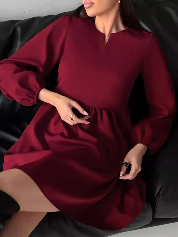 Loose Puff Sleeves Elasticity Pleated Solid Color Split-Joint Round-Neck Mini Dresses - Image 5