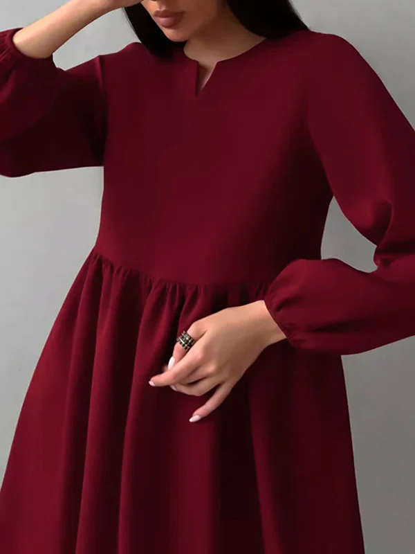Loose Puff Sleeves Elasticity Pleated Solid Color Split-Joint Round-Neck Mini Dresses - Image 6
