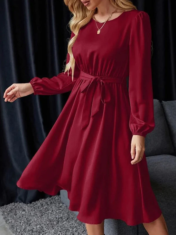 Loose Puff Sleeves Elasticity Pleated Solid Color Split-Joint Tied Waist Round-Neck Midi Dresses - Image 10