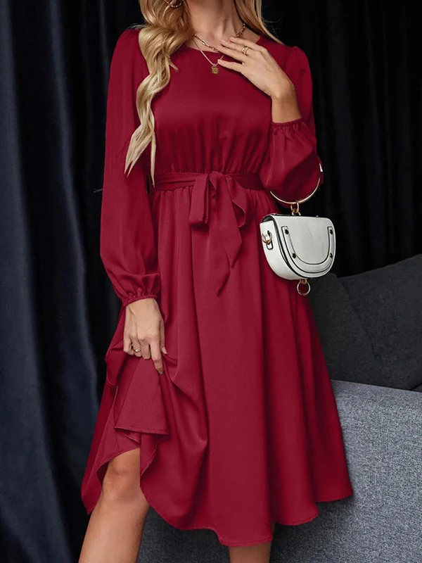 Loose Puff Sleeves Elasticity Pleated Solid Color Split-Joint Tied Waist Round-Neck Midi Dresses - Image 11