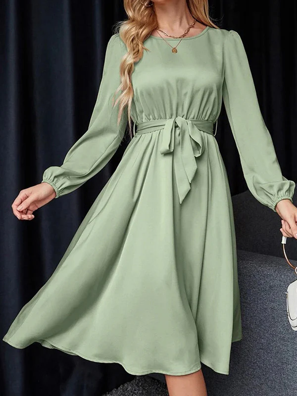 Loose Puff Sleeves Elasticity Pleated Solid Color Split-Joint Tied Waist Round-Neck Midi Dresses - Image 2