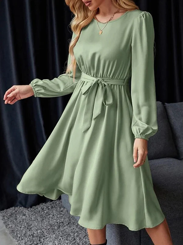 Loose Puff Sleeves Elasticity Pleated Solid Color Split-Joint Tied Waist Round-Neck Midi Dresses - Image 3