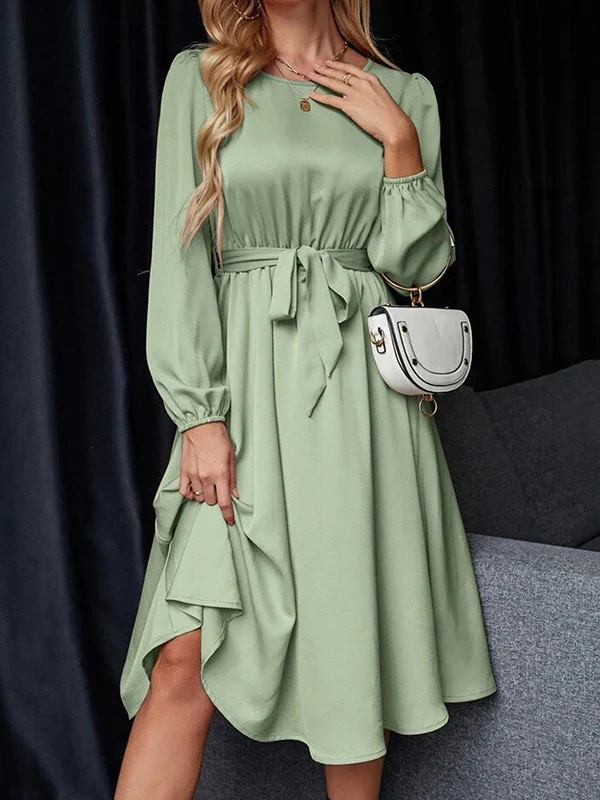 Loose Puff Sleeves Elasticity Pleated Solid Color Split-Joint Tied Waist Round-Neck Midi Dresses - Image 4