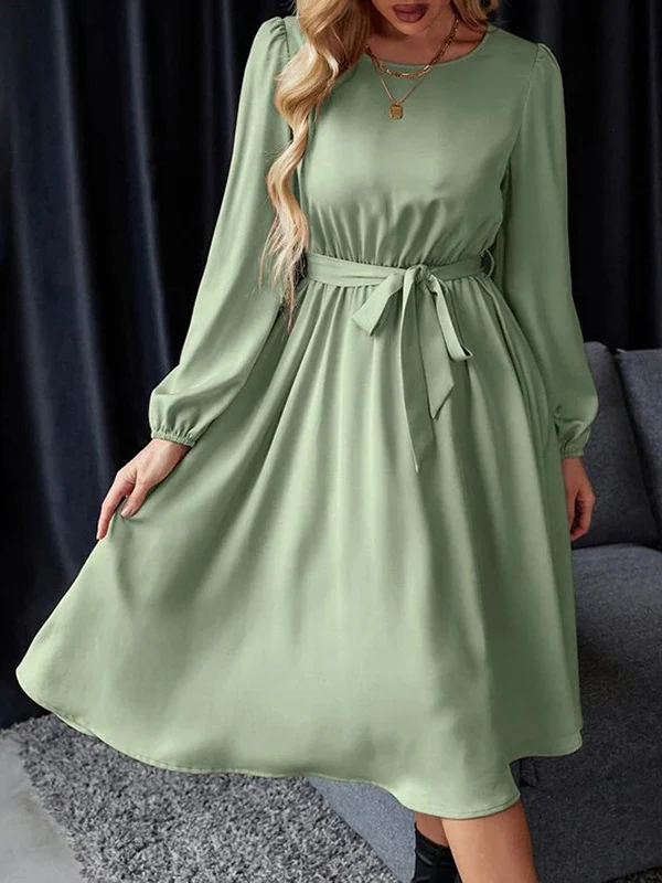 Loose Puff Sleeves Elasticity Pleated Solid Color Split-Joint Tied Waist Round-Neck Midi Dresses - Image 5