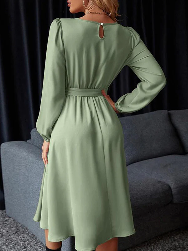 Loose Puff Sleeves Elasticity Pleated Solid Color Split-Joint Tied Waist Round-Neck Midi Dresses - Image 6