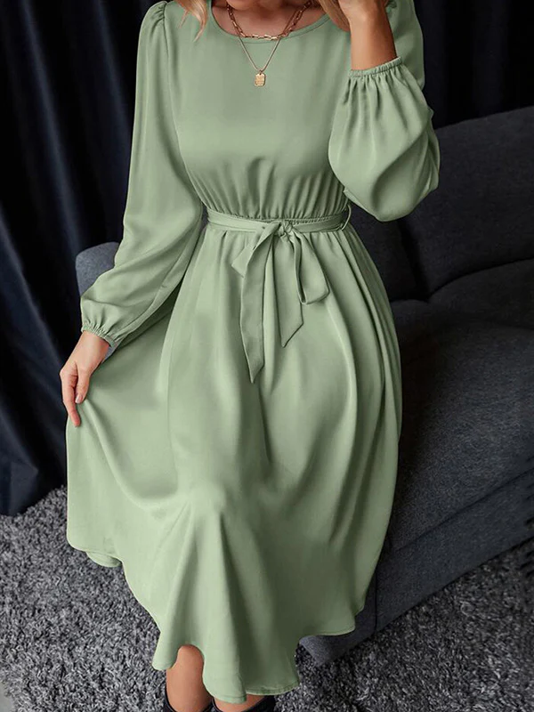 Loose Puff Sleeves Elasticity Pleated Solid Color Split-Joint Tied Waist Round-Neck Midi Dresses - Image 7
