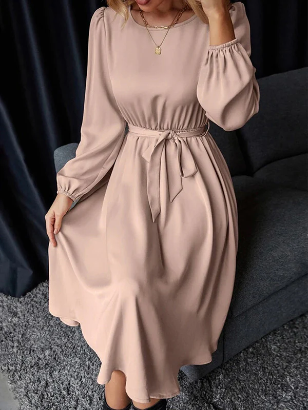 Loose Puff Sleeves Elasticity Pleated Solid Color Split-Joint Tied Waist Round-Neck Midi Dresses - Image 8