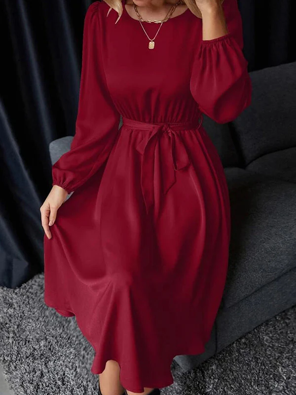 Loose Puff Sleeves Elasticity Pleated Solid Color Split-Joint Tied Waist Round-Neck Midi Dresses - Image 9