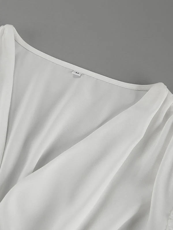 Loose Puff Sleeves Elasticity Pleated Solid Color Split-Joint V-Neck Blouses&Shirts Tops - Image 10
