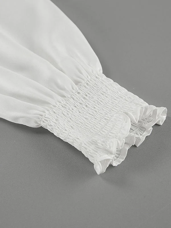 Loose Puff Sleeves Elasticity Pleated Solid Color Split-Joint V-Neck Blouses&Shirts Tops - Image 13