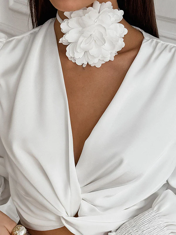 Loose Puff Sleeves Elasticity Pleated Solid Color Split-Joint V-Neck Blouses&Shirts Tops - Image 3