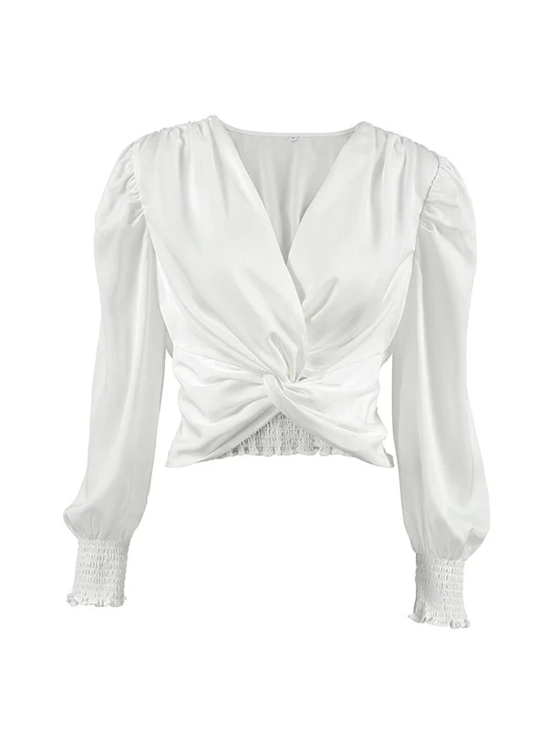 Loose Puff Sleeves Elasticity Pleated Solid Color Split-Joint V-Neck Blouses&Shirts Tops - Image 5